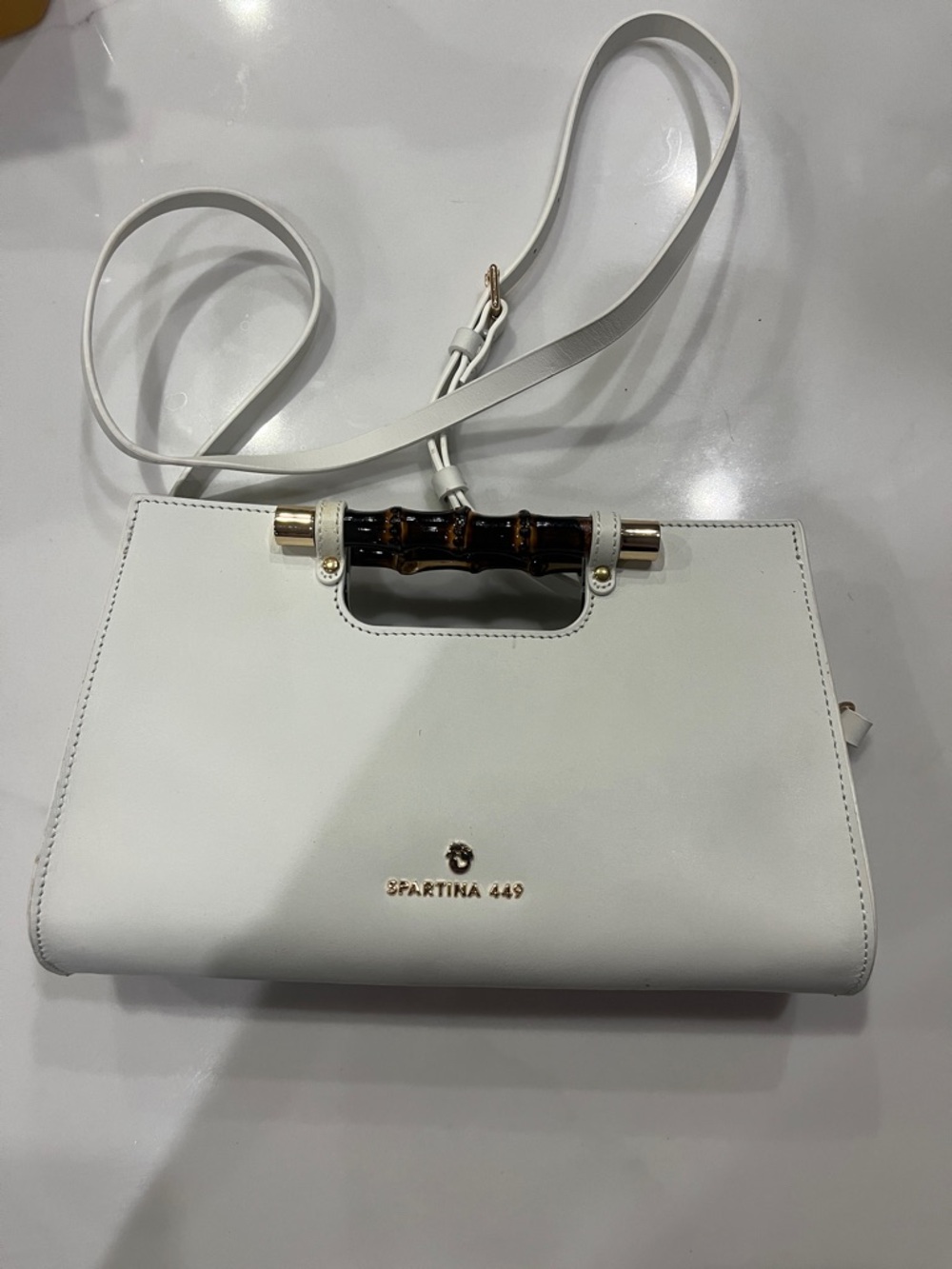 Spartina 449 White Leather Crossbody with Bamboo-Style Handle and Gold Accents